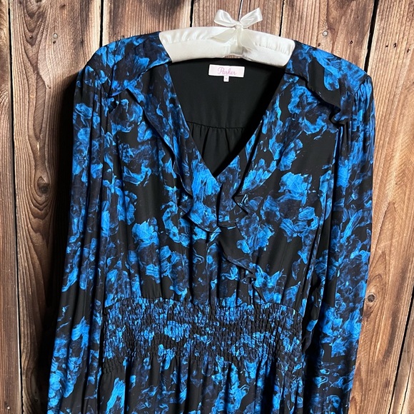 Parker Maisy Sheer Black & Blue Floral Printed Ruffle Long Sleeve Dress Sz M - Picture 4 of 15